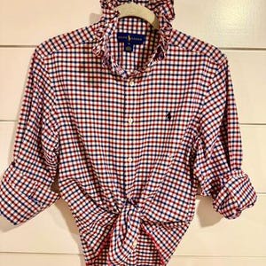 Upcycled Ralph Lauren Check Ruffle Collar Shirt | One-of-a-Kind Americana Button Down | Women's Red, White & Blue Plaid Top