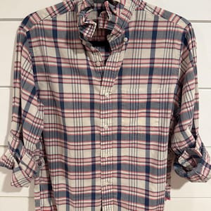Upcycled Plaid Ruffle Collar Shirt | One-of-a-Kind Americana Button Down | Red, White & Blue Plaid Top | Women's Preppy Shirt
