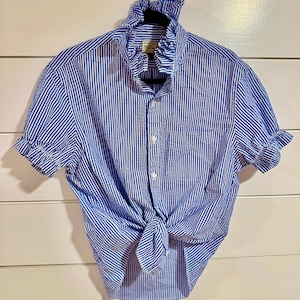 Upcycled Blue Seersucker Ruffle Collar Shirt | One-of-a-Kind Coastal Button Down | Women's Preppy Summer Top