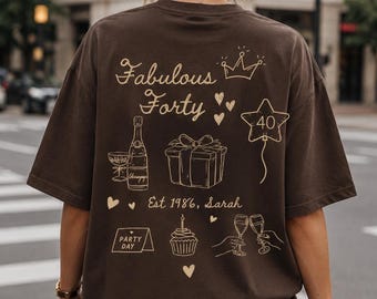 40. Geburtstag Shirt Damen personalisiert mit Namen, Fabulous Forty T-Shirt, Jahrgang 1986, Geschenk zum 40. Geburtstag, Doodle Icon Shirt