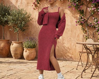 Red Striped Bodycon Midi Dress, Shoulder Strap, Side Slit, Summer Party Wear