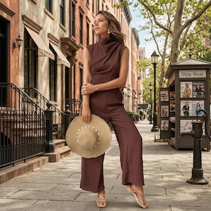May include: A woman wearing a sleeveless, brown jumpsuit and holding a straw hat with shell accents. The hat has a wide brim. The woman is standing on a brick-paved sidewalk in front of a building with a magazine stand.