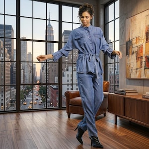 May include: A denim jumpsuit with a cinched waist and matching pants. The outfit is light blue and features a collared shirt with long sleeves. The model is wearing black heeled boots. The background shows a city skyline.