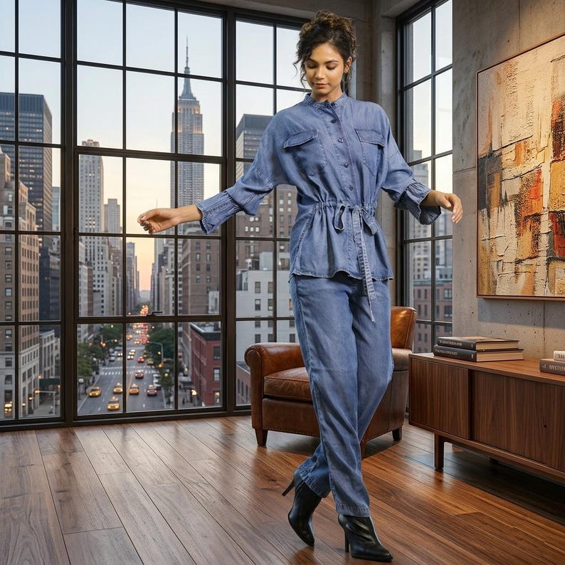 May include: A denim jumpsuit with a cinched waist and matching pants. The outfit is light blue and features a collared shirt with long sleeves. The model is wearing black heeled boots. The background shows a city skyline.