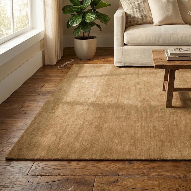 Subtle Fall Colors Background Hand Tufted Wool Rug | Minimalist Camel Color Area Carpet for | Bedroom ...