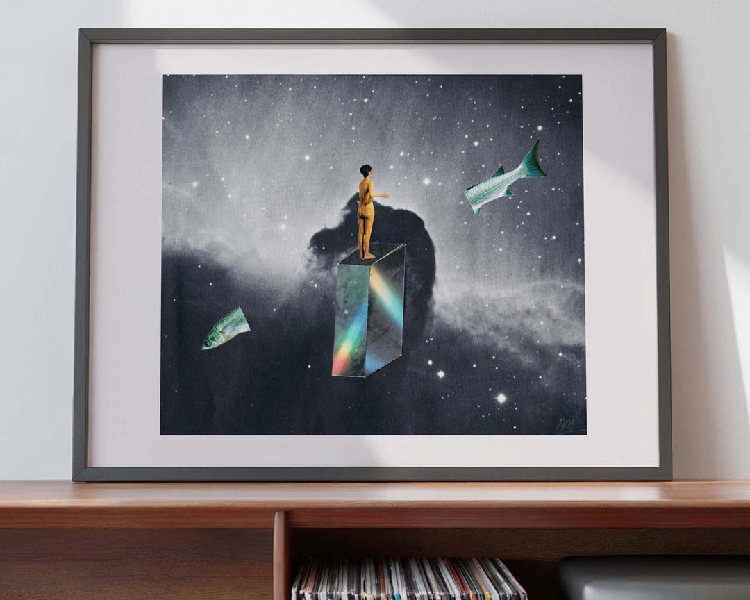 Surrealism Collage Art Print – Vintage Paper Cutout, Cosmic Scene Home ...