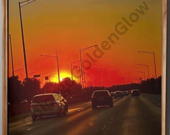 Lot de photos Golden Hour coucher de soleil, tirages photographie autoroute et arbre, art mural ciel orange, téléchargement numérique