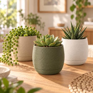 May include: Three rounded plant pots in beige, olive green, and white, each featuring a textured surface. The beige pot holds a trailing string of pearls plant, the olive green pot contains a rosette succulent, and the white pot holds a spiky zebra plant.
