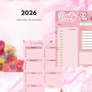 May include: A digital planner for 2026 with a pink and white design. The planner includes daily and weekly layouts, with space for scheduling, to-do lists, and notes. Floral accents and cat illustrations add a decorative touch.