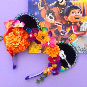 Coco inspired Floral Mouse Ears Floral Headband Rhinestones Miguel Dia de los muertos dante allebrijes