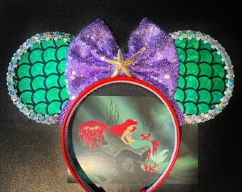 Ariel Little Mermaid inspired Mouse Ears Headband | With Rhinestones & Sequin Bow | Glitter Sparkle Bling Gold Starfish Dinglehopper