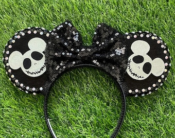 Nightmare Before Christmas inspired Mickey Mouse Ears headband with Sequin Bow | Jack Skellington | Jeweled Bling