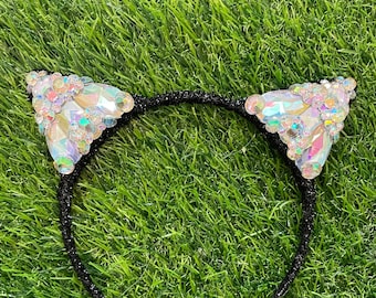 BLACK Crystal Kitty Cat Ears Wire Headband rhinestone jewels