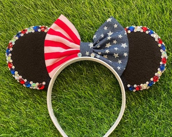 American Flag Mickey Mouse inspired Ears headband with Red White & Blue Rhinestones and jewels | USA