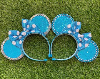 Turquoise Blue Sequin Polka dot Mouse Ears Headband | With Rhinestones and Bow | Glitter Sequin Sparkle Bling