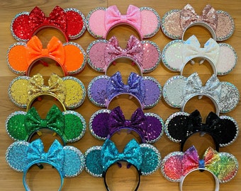 Sequin Mouse Ears Headband | With Rhinestones and Bow | Glitter Sequin Sparkle Bling