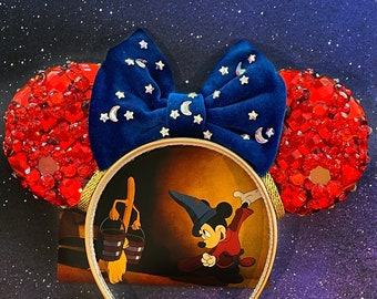 Fantasia Sorcerer Mickey inspired Red Crystal & Blue Velvet Mouse Ears |  Disneyland Diamond Anniversary Headband | Fantasmic |