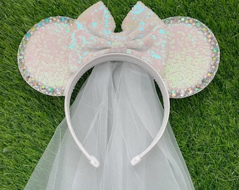 Bride Iridescent Sequin Mouse Ears Headband | With Rhinestones and Bow | Glitter Sequin Sparkle Bling | Wedding Engagement