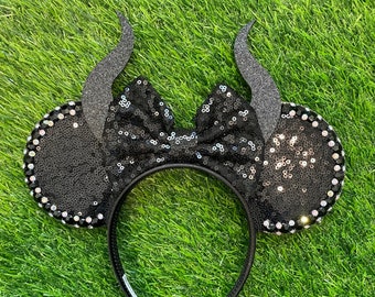 Maleficent Black Sequin Mouse Ears Headband | With Rhinestones and Bow | Glitter Horns | Sparkle Bling