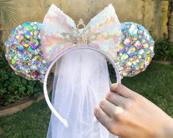 Bridal Crystal & Sequin Wedding Mouse Ears Headband Minnie inspired Iridescent AB Rhinestone White Princess Ears