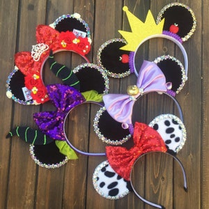 Villain inspired Mouse Ears Maleficent Ursula Queen of Hearts The Evil Queen Cruella Rhinestone Glitter
