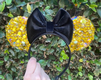 WDW 50th Anniversary inspired Yellow Gold Crystal Mouse Ears Headband Diamond Velvet Minnie inspired Tiara Crown Princess