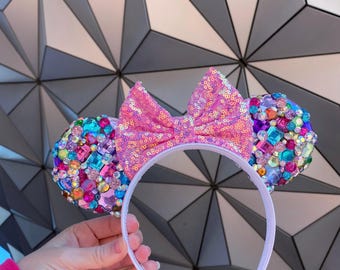 Serre-tête avec losanges et oreilles de souris colorées en cristal | Multicolore arc-en-ciel