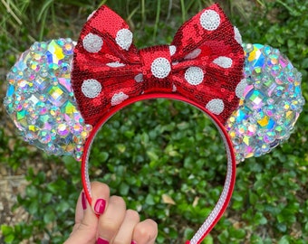Minnie Polka dot inspired Crystal & Sequin Mouse Ears Disneyland Diamond Celebration Princess Headband