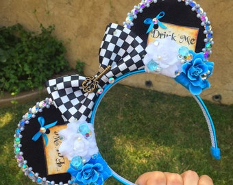 Alice in Wonderland inspired Mouse Ears Flower Crown Headband drink me eat me