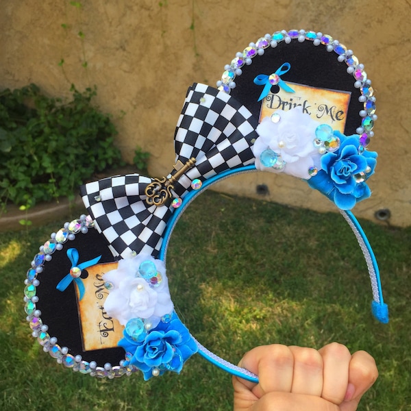 Alice in Wonderland inspired Mouse Ears Flower Crown Headband drink me eat me