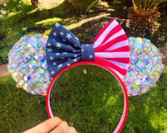 EPCOT 4th of July Crystal & Sequin Mouse Ears Headband Disneyland Diamond Celebration Minnie inspired American Flag Red White and Blue USA
