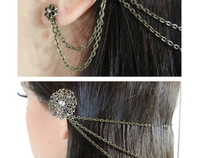 Bronze Flower Earring & Ear Cuff Hair Chain With Rhinestone Etsy