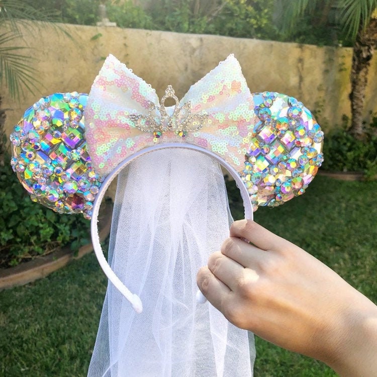 Disney Park Minnie Mouse Ears Headband Sparkle Rainbow Veil Teal Pink  Purple