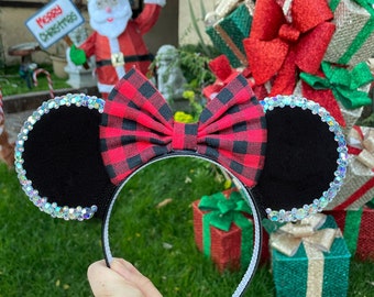 Buffalo Plaid Rhinestone Minnie Mouse inspired Ears headband | Christmas Winter Holidays |