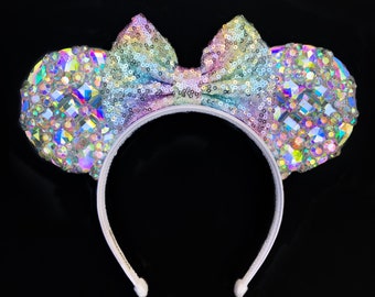 Serre-tête oreilles de souris en cristal argenté irisé arc-en-ciel pastel Disneyland Diamond Celebration Minnie Mickey Mouse argenté