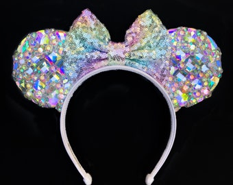 Pastel Rainbow Iridescent Silver Crystal Mouse Ears Headband Disneyland Diamond Celebration Minnie Mickey Mouse Silver