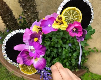 EPCOT Violet Lemonade inspired floral Mouse Ears Flower Crown Plush Headband Flower and Garden Festival