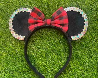 Child size Buffalo plaid Minnie inspired jeweled Mouse ears