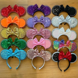 Sequin Mouse Ears Headband | With Rhinestones and Bow | Glitter Sequin Sparkle Bling