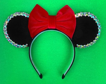 Santa Velvet Rhinestone Minnie Mouse inspired Ears headband | Red Black Pink blue | Christmas Winter Holidays |