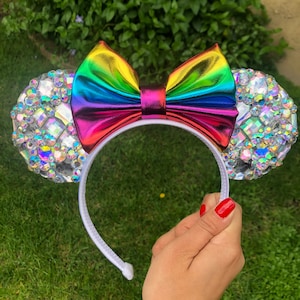 Rainbow Iridescent Silver Crystal Mouse Ears Headband Disneyland Diamond Celebration Minnie Mickey Mouse Silver Pastel