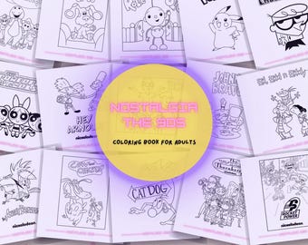 90er Jahre Cartoons Malseiten / Retro Nostalgie Cartoon / Malbuch für Erwachsene / Instant Download PDF
