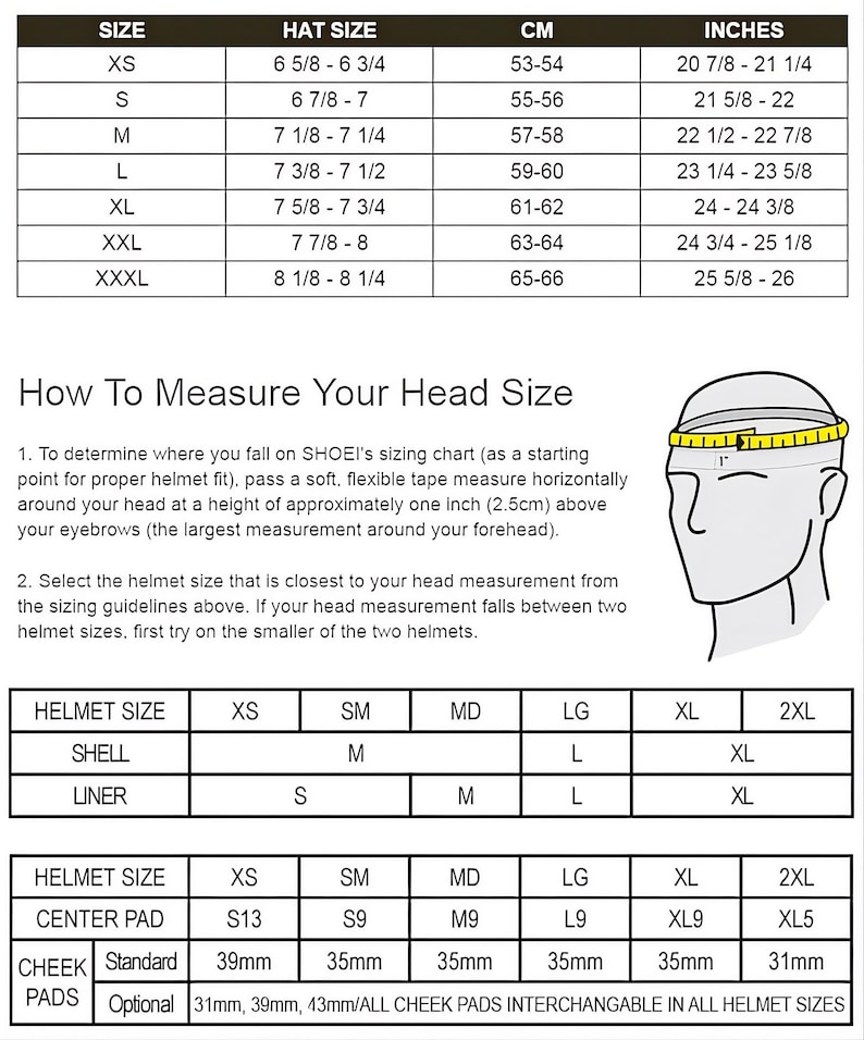 Official Shoei X-15 size chart for custom airbrush helmets. Detailed measurements in centimeters (cm) for sizes XXS to XXL. Accurate fitment guide for Shoei X-Fifteen shell sizes to ensure perfect comfort for international buyers. Essential sizing information for motorsport professionals and superbike riders in the United States and United Kingdom. Professional racing fitment data to assist premium customers in selecting the correct bespoke helmet size.