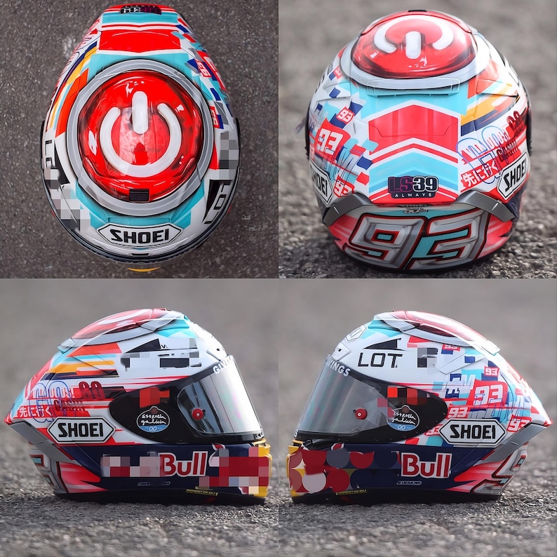 Top-down view of custom airbrushed Shoei X-15 helmet showing the full Marc Marquez MM93 graphic layout. Symmetrical hand-painted design with vibrant racing colors. Finished with premium Spies Hecker automotive clear coat. Luxury custom helmet for MotoGP fans, featuring authentic Shoei X-Fifteen AIM+ 6-layer shell construction. High-performance airflow vents integrated into the custom design. Elite collectible item for motorcycle helmet enthusiasts.