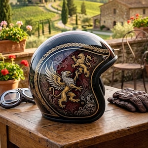 May include: A black motorcycle helmet featuring a gold and red graphic of a griffin and a lion. The helmet has a glossy finish with intricate gold scrollwork and a laurel leaf border. It is positioned on a wooden surface with goggles and gloves.