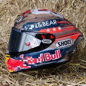 Side view thumbnail of a Custom Painted Airbrush Shoei X-15 Helmet by Igho Modifikasi. Hand-painted full face authentic Shoei X-Fifteen featuring a professional MotoGP Marc Marquez 93 Red Ant replica racing design. High-end custom artwork with deep high-gloss premium Spies Hecker clear coat finish. Displaying official DOT, SNELL, and ECE approved certification safety stickers on bespoke track-ready pro motorsport headgear for elite superbike riders.