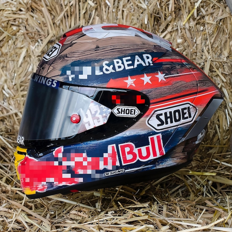 Side view thumbnail of a Custom Painted Airbrush Shoei X-15 Helmet by Igho Modifikasi. Hand-painted full face authentic Shoei X-Fifteen featuring a professional MotoGP Marc Marquez 93 Red Ant replica racing design. High-end custom artwork with deep high-gloss premium Spies Hecker clear coat finish. Displaying official DOT, SNELL, and ECE approved certification safety stickers on bespoke track-ready pro motorsport headgear for elite superbike riders.