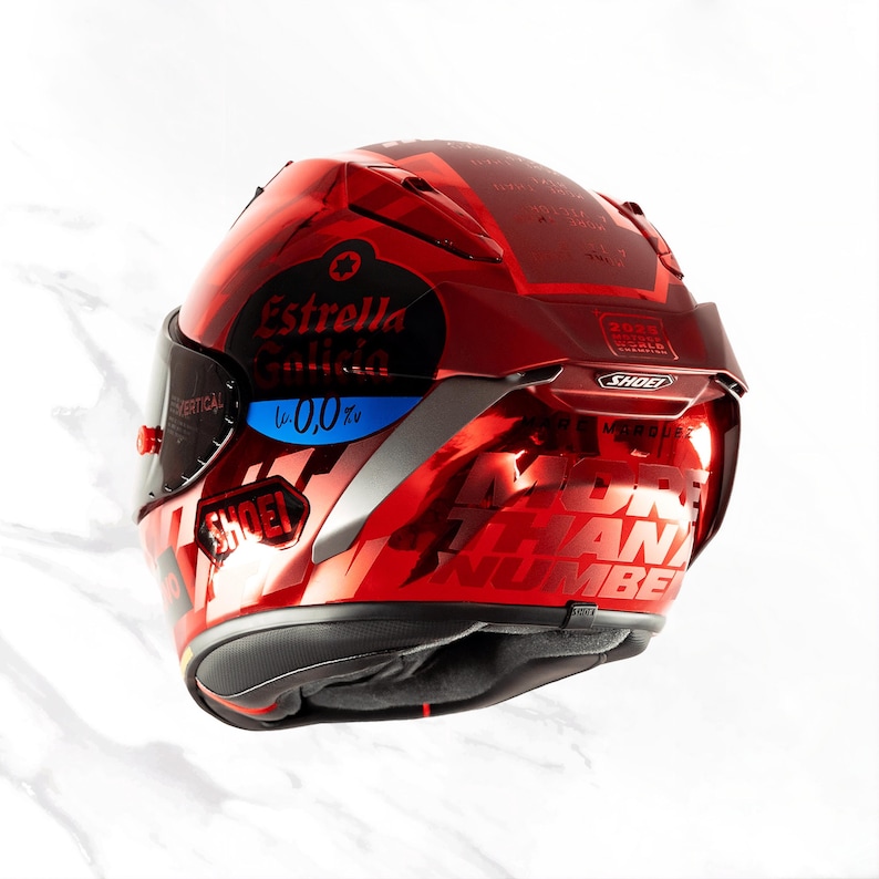 Custom airbrush Shoei X-15 Marc Marquez helmet displayed as a premium automotive collector's piece. High-gloss Spies Hecker finish reflecting elite craftsmanship. Perfect for home display or professional motorsport use. Authentic Shoei X-Fifteen performance with bespoke MotoGP artistry. Targeted at high-net-worth automotive collectors and dedicated Marc Marquez fans in the US, UK, and Australia. The ultimate luxury gift for superbike riders.