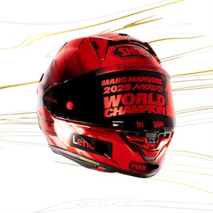 Detailed view of the CWR-F2R racing shield on a custom Shoei X-15 Marc Marquez airbrushed helmet. Showcasing the center lock system and aerodynamic vortex generators. Hand-painted graphics around the visor area with precision masking. 100% original Shoei X-Fifteen customized with high-performance automotive clear coat. Exclusive gear for track day riders and motorsport professionals. Premium custom helmet listing for Etsy international shipping.