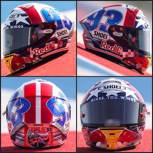 Multiple custom airbrushed Shoei X-15 helmets featuring various Marc Marquez championship designs. From "Red Bull" to "Special Edition" replicas. Each helmet is 100% original Shoei X-Fifteen with a professional Spies Hecker clear coat finish. Custom-made for MotoGP fans, collectors, and professional riders. High SEO keywords: custom helmet, airbrush art, Marc Marquez gear, superbike accessories. Available for full custom design requests.